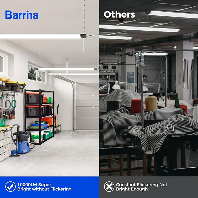 Barrina LED Shop Light for Garage, 10000LM, 84W, 4FT, 5000K Linkable Light Fixture for Workshop, Basement, Hanging or Flush Mount, Heat Dissipation with Pull Chain Switch, ETL,1 Pack