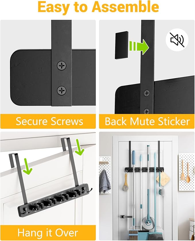 Lorbro Broom Holder Door Mount, Over the Door Broom and Mop Holder with 2 Over Door Hooks, Wood Broom Hanger, Tool Rack Organizer for Laundry, Garage, Closet, Kitchen Decor, 4 Slots & 4 Hooks Rustic