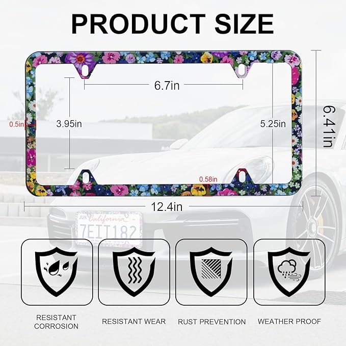 LivTee Flower Floral License Plate Frames, 4 Holes Stainless Steel License Plate Covers, 2PCS Car License Plate Holder, Automotive Exterior Accessories