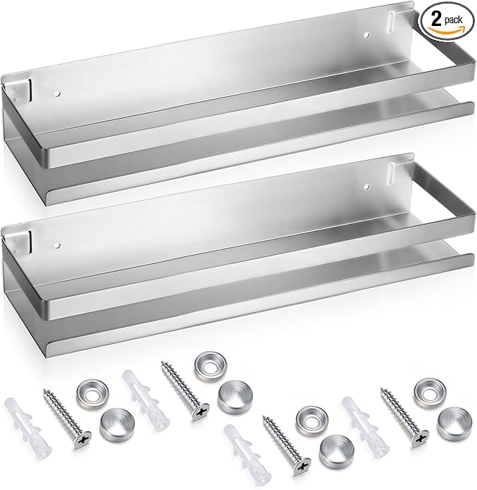 Lallisa 2 Pieces Stainless Steel Shelf Bathroom Shower Floating Shelves Wall Mounted Shower Caddy Basket Shelf Storage Organizer Shelves for Bathroom, Kitchen, Living Room (Silver,11.81 Inch/ 30 cm)