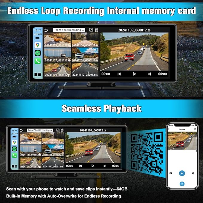 10.26" Portable Carplay Screen for Car, Wireless Carplay & Android Auto Car Stereo, Touchscreen GPS Navigation 4K Dash Cam/1080P Backup Camera/Mirror Link/Bluetooth/Voice Control
