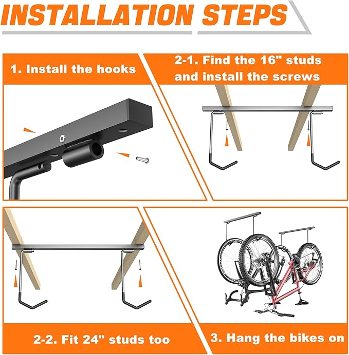 TORACK Overhead Bike Rack for Garage, Ceiling-Mounted Bicycle Storage Hooks for 2 Bikes (Horizontal) or 4 Bikes (Vertical), Adjustable Bicycle Hooks for Mountain, Road, and Kids' Bike