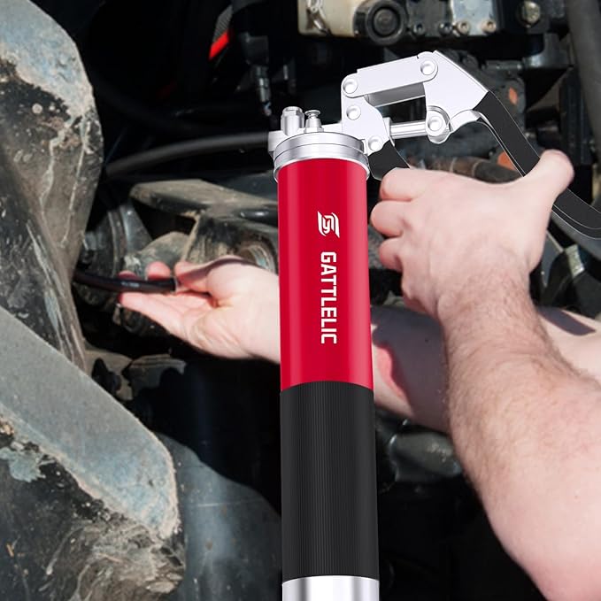 Heavy Duty Grease Gun Kit, 8000 PSI Professional Pistol Grip 14 oz Load with 12" Flex Hose, Locking Coupler, Extension Pipe, and Sharp Nozzle,Red(Upgrade)