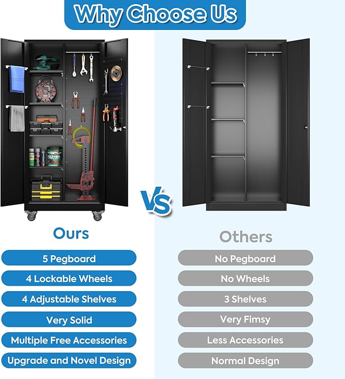 Garage Storage Cabinet with Wheels and 5 Pegboard, 71" H Metal Storage Cabinets with 2 Locking Doors and 4 Shelves, Broom Closet Storage Cabinet with Hanging Rod and 13 Hooks, Black