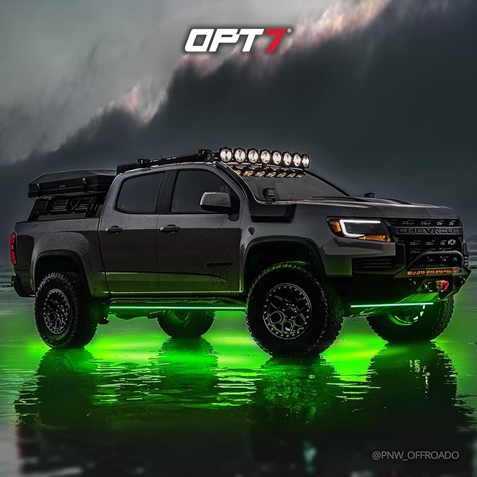 OPT7 Aura Pro Rigid RGB LED Underglow Kit for Trucks Trailers Pickups with App & Remote Control, Multi Colors Music Modes, 4 PCS Waterproof Aluminum Light Bars, Exterior Neon Under Car Lights