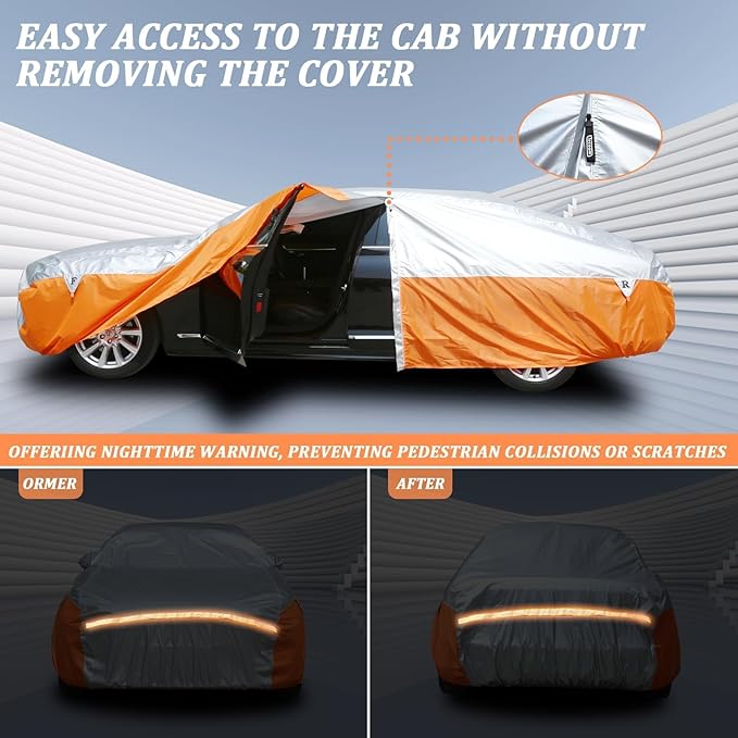 Tecoom Car Cover Waterproof All Weather, Windproof Storm Full Exterior Covers for Automobiles, UV Sun Protection Snowproof Car Tarp w/ 3 Gust Straps Mirrior Door Zipper, Universal Fit 170"-190" Sedan