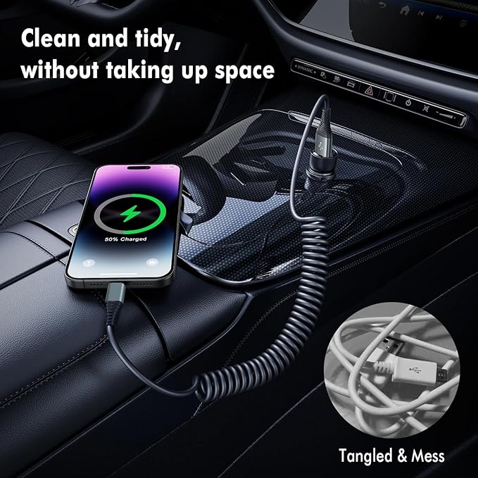 Coiled Lightning Cable 6FT,2 Pack MFi Certified Retractable iPhone Car Charger Cord,Apple CarPlay Cable Compatible with iPhone 14/13/12/11 Pro Max/XS Max/XR/X/8/7/iPad