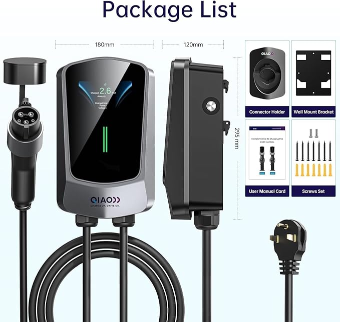 QIAO Level 2 EV Charger, Up to 40A Electric Car Charger, Wi-Fi Bluetooth APP Enabled EVSE, 4.3in Display, 25ft Cable, NEMA 6-50 Plug Charge Station Compatible with All SAE J1772 EV Models White