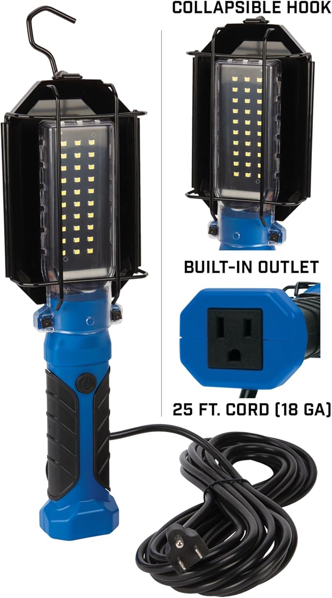 Performance Tool W2237 25' 18GA 1,000 lumen 120V LED Drop Light with Extra Built in 120V Outlet, 1 Pack