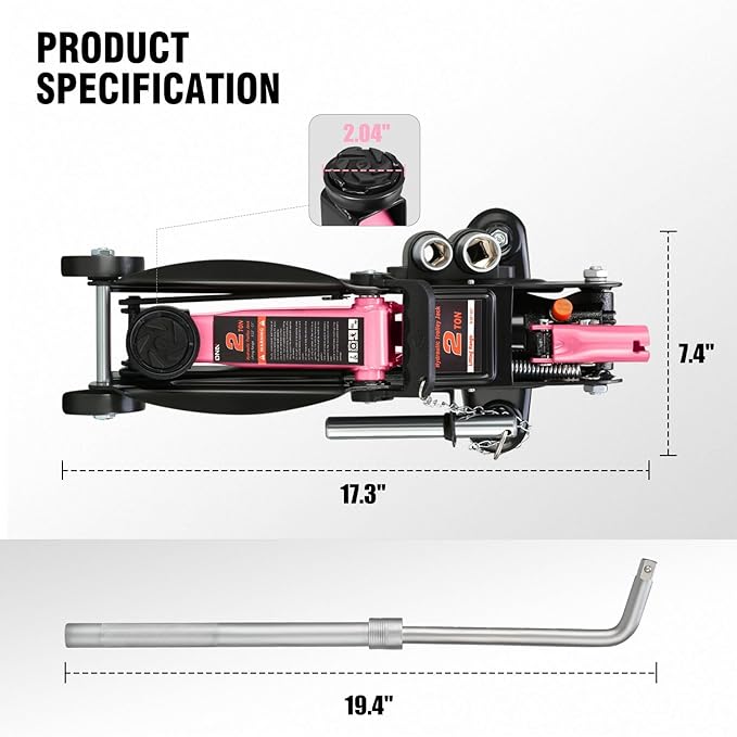 DNA MOTORING Floor Jack with Socket and Lock, Low Profile Hydraulic Trolley Jack for Cars Lift, 2 Ton (4000 lbs) Capacity, Lifting Range 5.12"-13", Pink, TOOLS-00677-PK