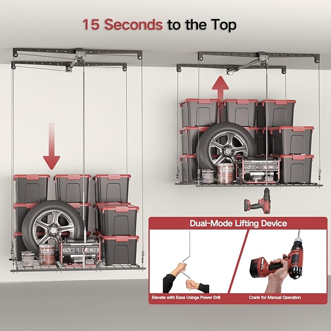 Overhead Garage Storage Lift, Adjustable Heavy-duty 4x4 Ft Ceiling Racks with Safety Lock, Ideal for Storage Lifting Organization System, 250lbs Capacity (Standard Edition)