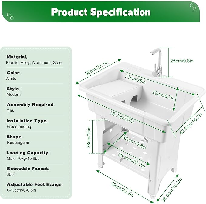 Freestanding Utility Sink Plastic Laundry Tub Sink with Storage Shelf Indoor Outdoor Slop Sink Wash Station for Bathroom Laundry Washing Room (White, 31.5 * 22.05 * 31.5in)