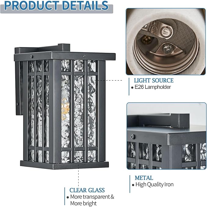 Outdoor Wall Light E26 Base Metal Frame - Black Exterior Waterproof Lanterns with Clear Glass, Porch Wall Mount Lighting for Garage, Patio(Bulb not Included)