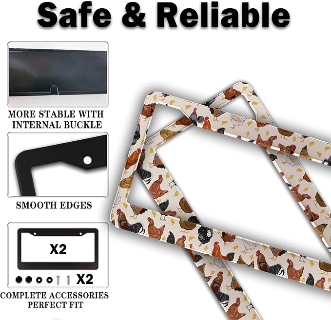 License Plate Covers for Women Multicolor License Plate Frames for Men Chicken Flower Aluminum Metal Car Accessory 2 Pack with Screw Covers Set