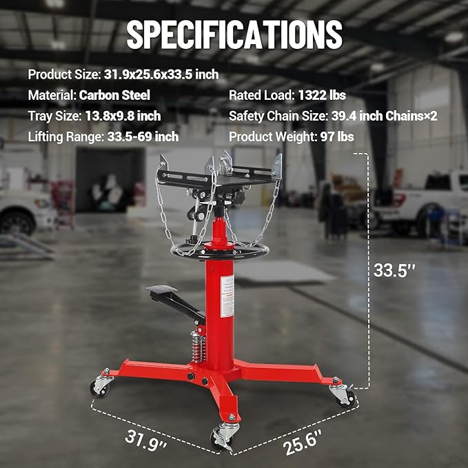 Dual Plunger Hydraulic Transmission Jack 1322lbs Capacity, 33.5"-69" High Lift 2-Stage Hydraulic Telescoping Jack, Trans Jack Stand with 8MM Non-Slip Pad, Foot Pedal & Swivel Wheel, Red