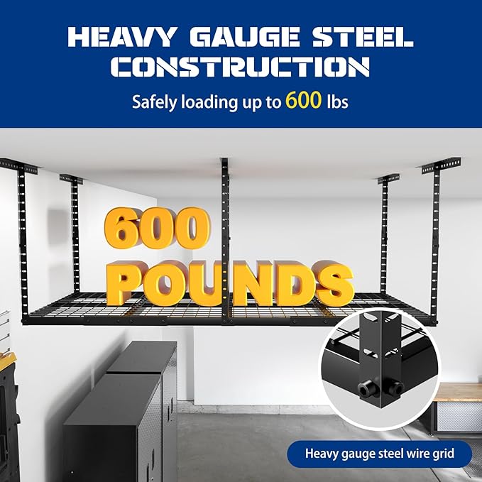 Heavy-Duty 3x8 Overhead Garage Storage Rack with Adjustable Ceiling Shelving with 600lbs Weight Capacity，22 lbs per Hook, Steel Hanging Organizer for Tools, Bins & Bikes Black