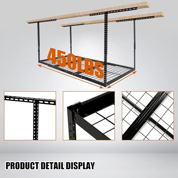 Kojem 3x6 Overhead Garage Storage Rack Adjustable Ceiling Garage Organization Shelf Ceiling Mounted Overhead Storage Racks Steel - Black