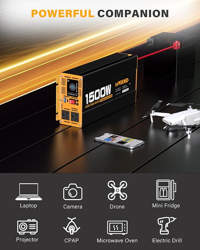 1500W Pure Sine Wave Power Inverter DC 12V to AC 110V 120V Converter with 2 AC Outlets, QC3.0 18W USB-A, PD30W USB-C Port Car Inverter with LCD Display and Remote Control for Truck RV Home