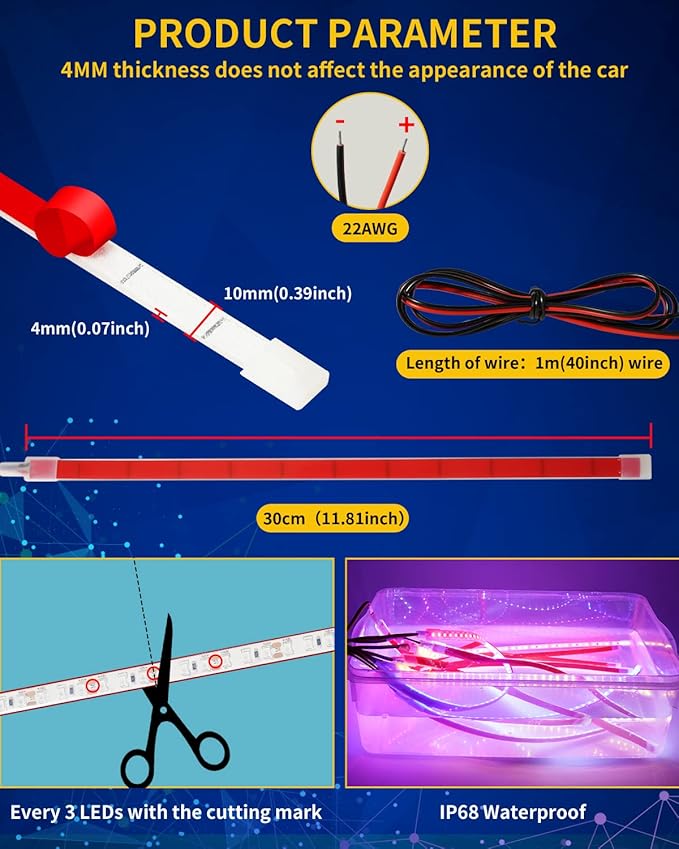 Blue Led Strip Light,IP68 Waterproof Car Exterior Light Strip,golf cart led lights Cuttable for Automotive Motorcycle Golf Cart Marine Boat Cargo Home Decoration Led Strip,12inch (Pack of 4)