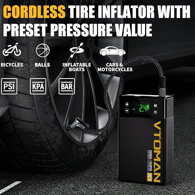 VTOMAN X1 Jump Starter with Air Compressor, Car Battery Jumper Starter (2500A,Up to 8.5L Gas/6L Diesel Engine) with 150PSI Auto Tire Inflator, 12V Portable Booster Pack, Lithium Jump Box Charger-Black