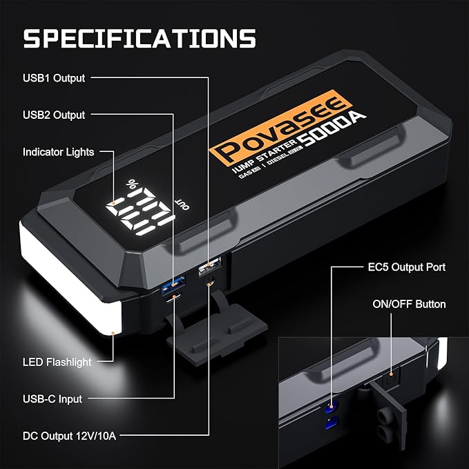 Car Battery Jump Starter 5000A Jump Box (All Gas/10L Diesel) Portable Car Jump Starter Battery Pack, 12V Jumper Starter Portable 3" LCD Display/Power Bank/Dual Output/LED Light DC
