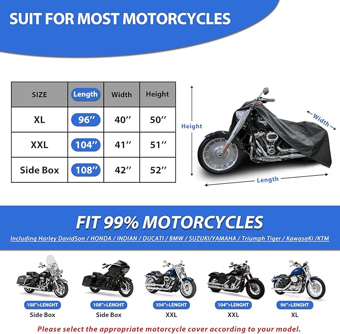Motorcycle Cover for Sport Model Harley Davidson Sportster S, Sporster 883, Nightster Special, SuperLow, SuperLow 1200T, 1200 Custom, and Most Motorcycles - Waterproof Motorcycle Cover Outdoor Storage