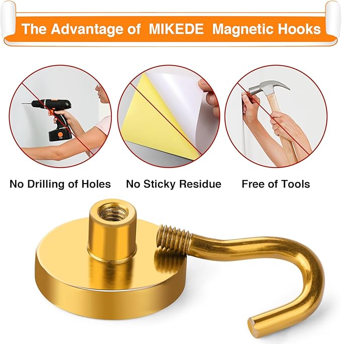 MIKEDE Magnetic Hooks Heavy Duty, 40 Lbs Magnet with Hooks for Cruise Cabins, Strong Magnets Neodymium for Hanging, Magnetic Wall Hooks for Refrigerator, Locker, Workplace(Yellow, 4 Pack)