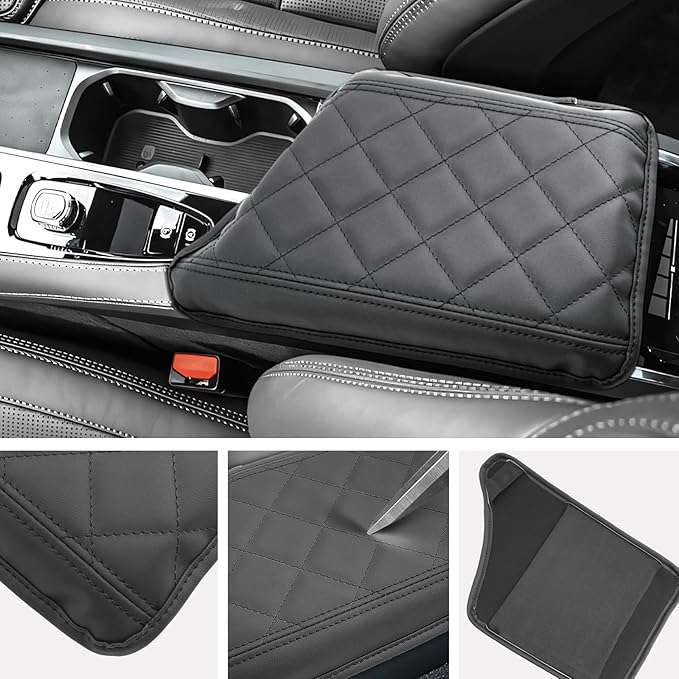 SXCY for 2024 XC90 Armrest Cover for Volvo XC90 2018-2024 Accessories 2024 XC90 Center Console Cover 2024 XC90 Middle Console Cover (Black Checkered Pad)