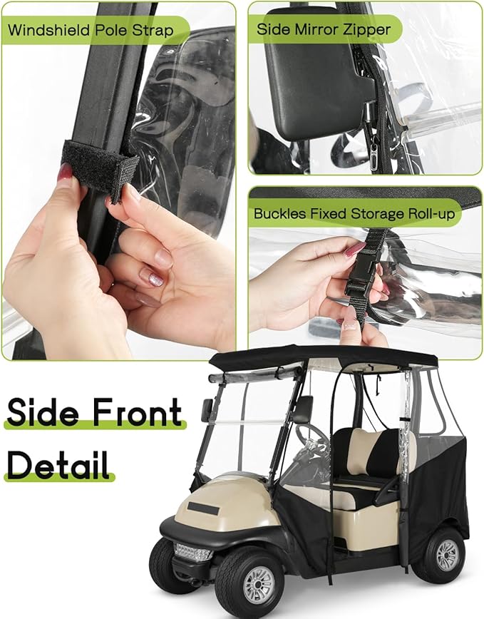 Golf Cart Enclosure 2 Passenger for Club Car Precedent & Tempo & Onward 2-Person Seaters Waterproof Transparent Driving Rain Enclosure Cover with 4-Sided Clear Windows Mirror Zipper Roll-Up Door Black