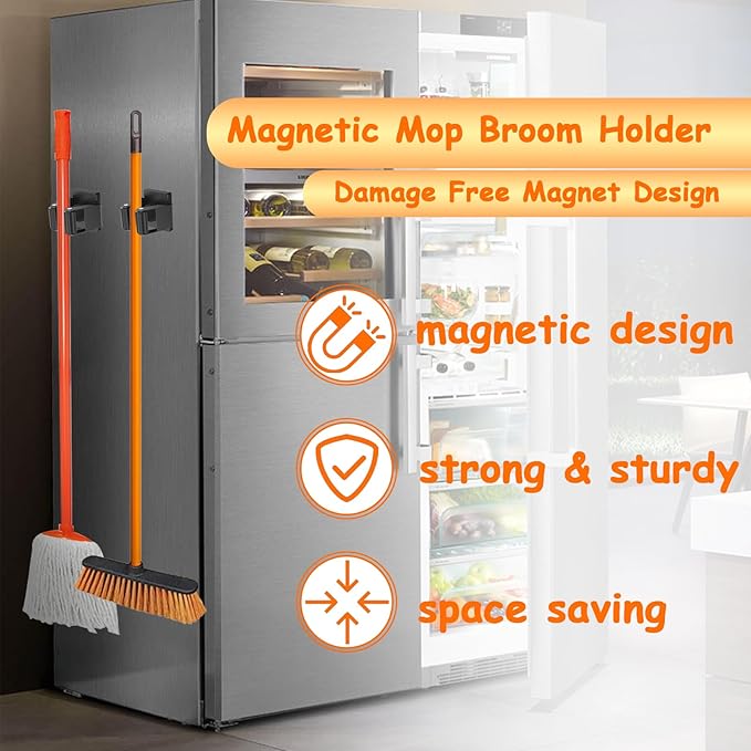 4 Pack Strong Magnetic Mop Broom Holder, Heavy Duty Magnetic Broom Mop Hanger for Cleaning Tools, Wall Mounted Mop Broom Holder for Laundry Garage Kitchen Workshops Shed