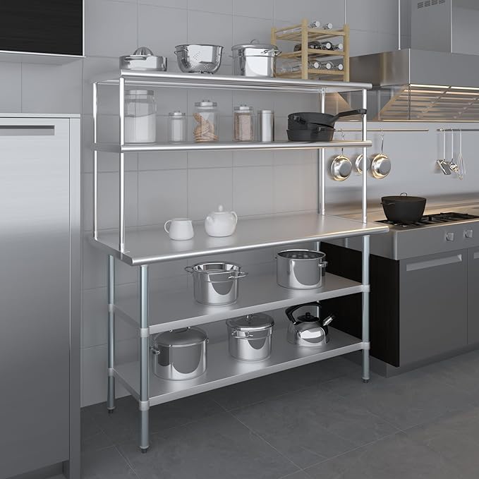 Amgood Stainless Steel Work Table with 2 Shelves | Metal Kitchen Prep Table & Shelving Combo (24" x 60" Table with 2 Shelves + 18" Overshelf)
