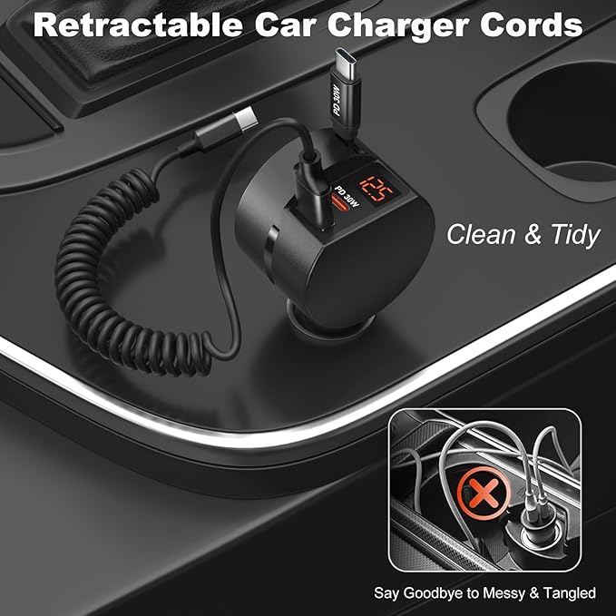 Retractable USB C Car Charger with Cord, OKRAY 78W 3-Port 12v Cigarette Lighter Adapter PD30W Fast Charging Samsung Car Charger & Coiled USB C Cable for Samsung Galaxy S25 S24 A16,iPhone 16 15 Pro Max