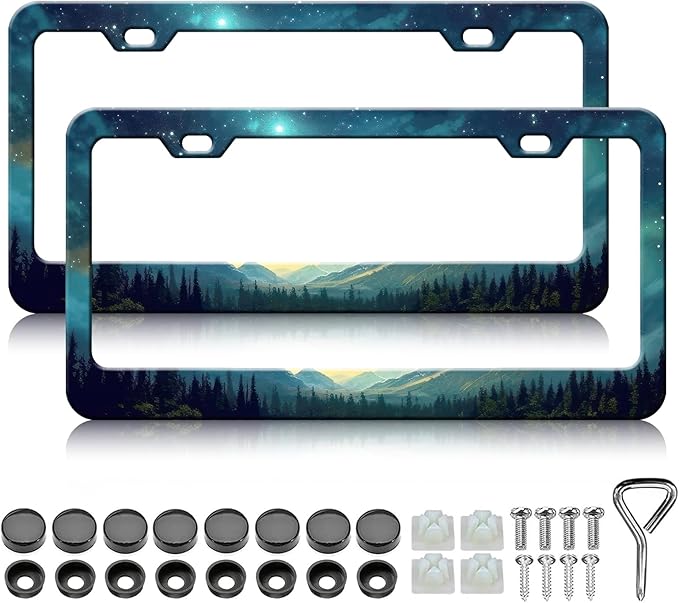 Starry Sky Mountain License Plate Frames - 2 Pack Green Mountain Forest Stainless Steel License Plate Holder,Rust-Proof Waterproof Car Decorative Tag Frame with Screws Fasteners Caps
