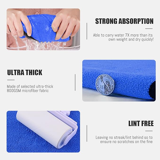Airlab Microfiber Towels for Cars Wash Drying Thick Plush Cleaning Cloth Auto Detailing Super Absorbent for Interior & Exterior Lint Free, Streak Free, 16" X 16", 800 GSM, Pack of 4