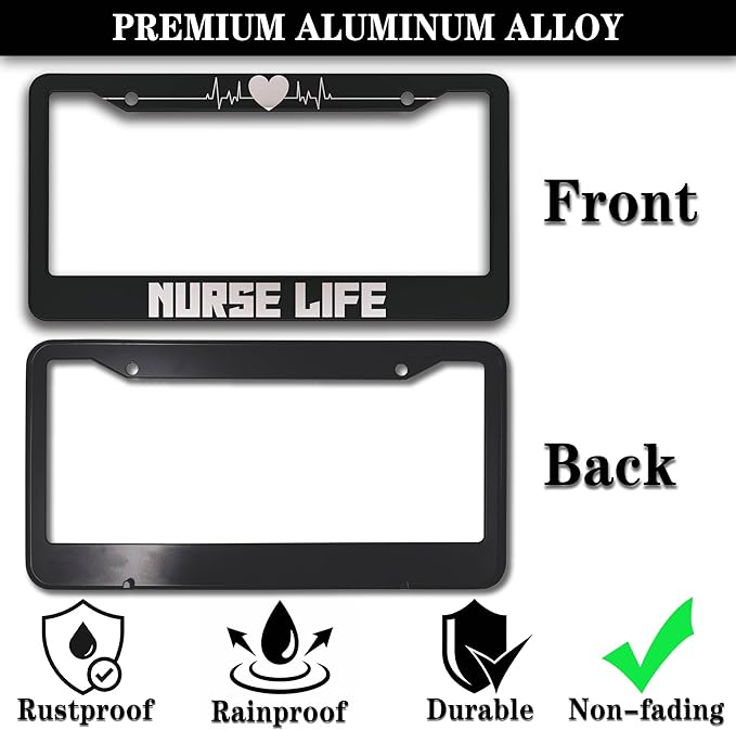 License Plate Protector Black and White License Plate Frames Nurse Life Universal Aluminum Car Accessory 2 Pack with Screw Covers Set