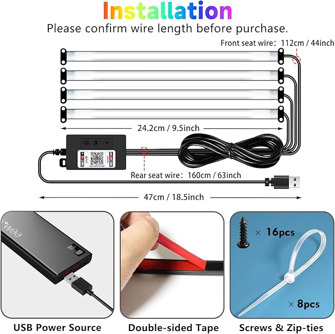 Car Led Interior Foot Well Light Strip Under Dash Bendable PVC Housing RGB 48LEDs Customizable 210 Modes Static Chase Gradient Strobe, Timer App Switch Control, USB 5V, No Remote