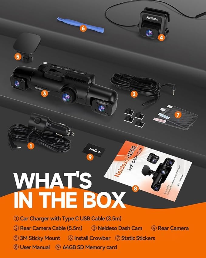 360° Dash Cam Front and Rear Inside, 4 Channel FHD 4 * 1080P, Wi-Fi GPS Voice Control Car Camera, Front 2K+1080P*2 Dash Camera for Cars, with 64GB SD Card, Night Vision, 24H Parking Mode(N300)
