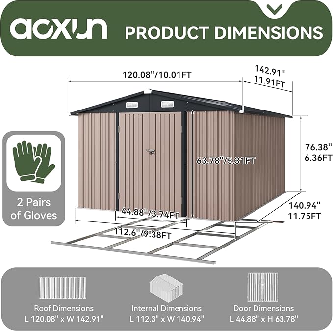 Aoxun 10 x 12FT Outdoor Storage Shed with Base Utility Garden Shed with Lockable Door & Sloped Roof Metal Sheds Outdoor Storage for Garden, Backyard, Patio and Backyard,（Brown/Base Included）