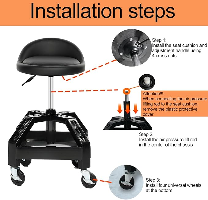 Garage Shop Rolling Seat, Heavy Duty Adjustable Rolling Mechanic Stool with Lockable 360° Wheels, 350 Lbs Capacity, Work Stool with Tool Tray for Garage & Workshop