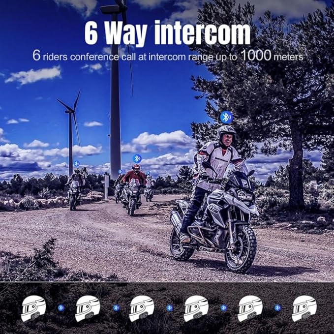 Fodsports FX6 Motorcycle Bluetooth Headset 2 Pack, 6 Riders Group Motorcycle Intercom Bluetooth, 1000M Motorbike Helmet Communication Systems/Voice Command/Universal Pairing/FM Radio