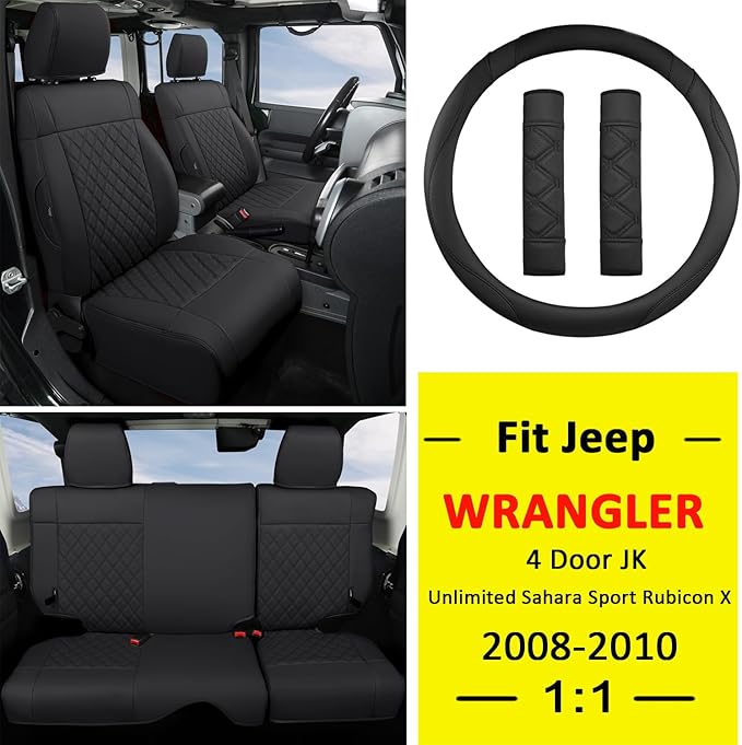 GIANT PANDA Customized Full Set Car Seat Covers for Jeep Wrangler 4 Door JK Unlimited Sahara Sport Rubicon X 2008 2009 2010, Faux Leather - (Black)