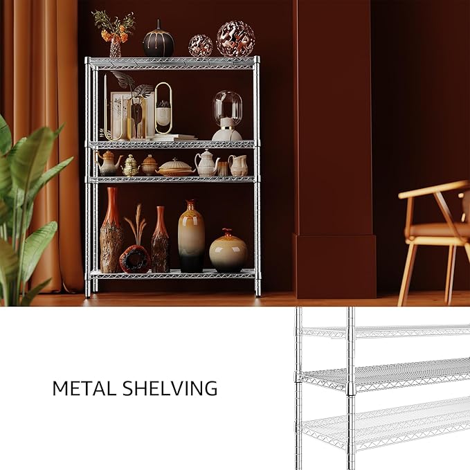 IZEUK 2640 LBS Garage Shelving Wide Storage Shelves 4 Tier Metal Shelves Heavy Duty Adjustable Utility Shelf Rack Chrome 17.7" D x 59.1" W x 70.4" H