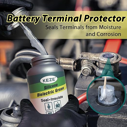 Keze Silicone Dielectric Grease Automotive Die Electric Grease Spark Plug Light Bulb Sockets Battery Terminal Electrical Contact Paste for Marine Against Salt, Dirt Corrosion Brush Top Can, 8 Oz