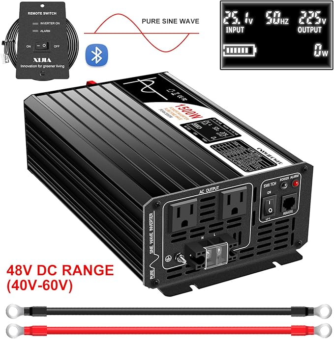 Xijia 1500W(Peak Power 3000W) 48v to 120v Pure sine Wave 60HZ Solar Inverter for Home Use car (DC48V (Range 40V-60V) 1500W)
