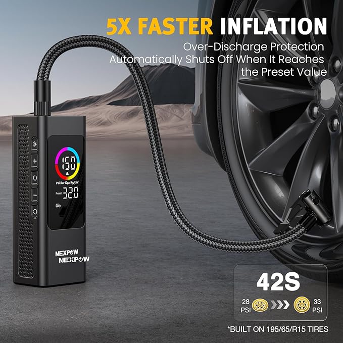 NEXPOW 150 PSI Tire Inflator Portable Air Compressor, 12000mAh Battery Auto Shut-Off Air Pump for Car Tires, Fast Inflation Dual LCD Display Tire Pump, Pocket Air Pump for Bike, Motorcycle, Ball, Car