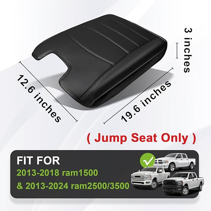 Muslogy Center Console Armrest Cover Compatible with Dodge Ram 1500 2013-2018 & 2013-2025 Ram 2500/3500 Comfort Armrest Pad Arm Rest Cushion Vegan Leather Protector Regular Thick(Jump Seat ONLY)