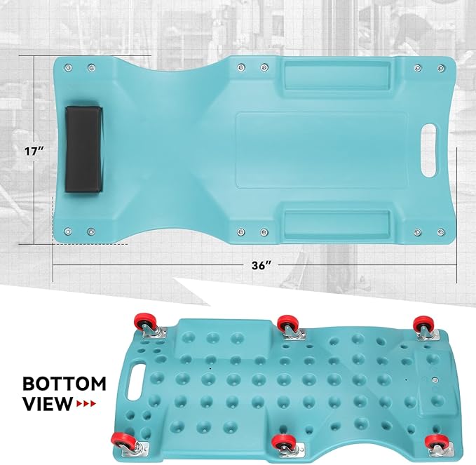 Auto Dynasty 36 Inches Mechanic Creeper, Automotive Garage Repair Low Profile Under Car Rolling Creeper with Padded Headrest, Plastic, Sky Blue