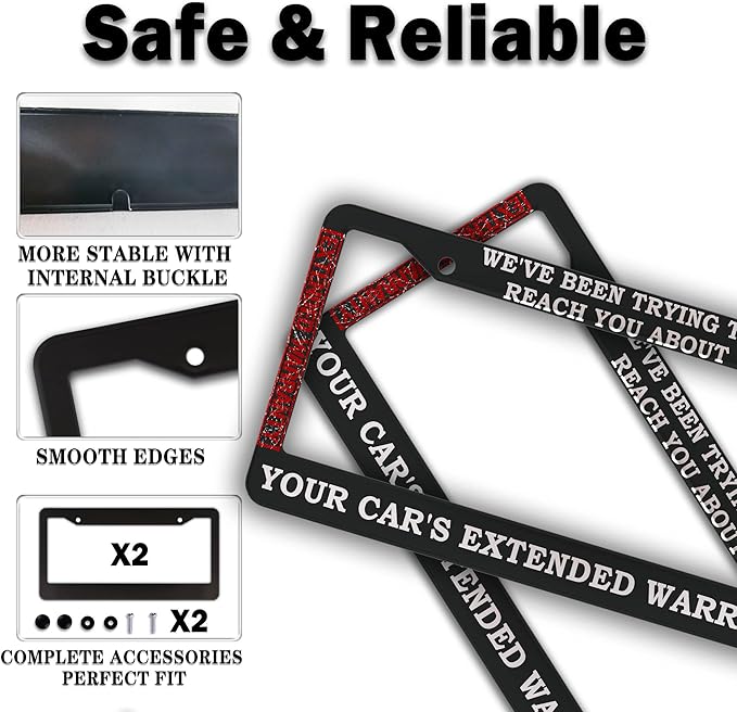 License Plate Frames Black and White License Plate Cover Car’s Extended Warranty Humorous Text Aluminum Metal Car Accessory 2 Pack with Screw Covers Set