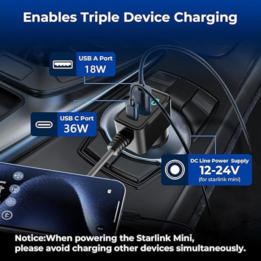 3 in 1 Starlink Mini Cable 10FT, Nolansend Starlink Mini Car Charger DC Power Cable+Cigarette Lighter Adapter 12V-48V with Digital Display, Durable USB C PD 36W/USB A 18W Ports for Trucks and Cars