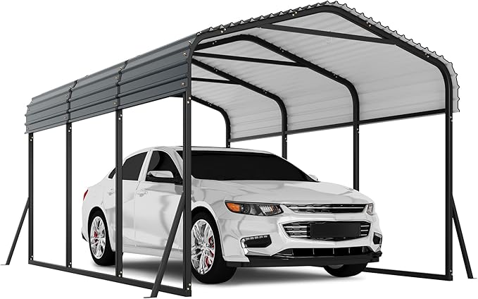 10 x 15 FT Metal Carport with Galvanized Steel Roof, Heavy Duty Metal Roof Carport with Enhanced Base, Tall Kits Garage for Tractors, Trucks, Boats, Cars